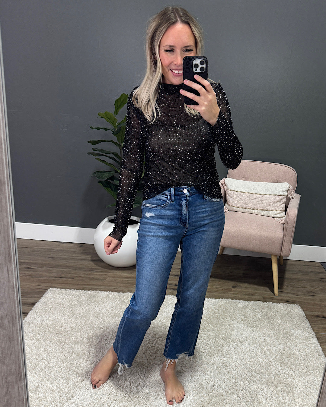 Rhinestone Mesh Top - Black Zutter