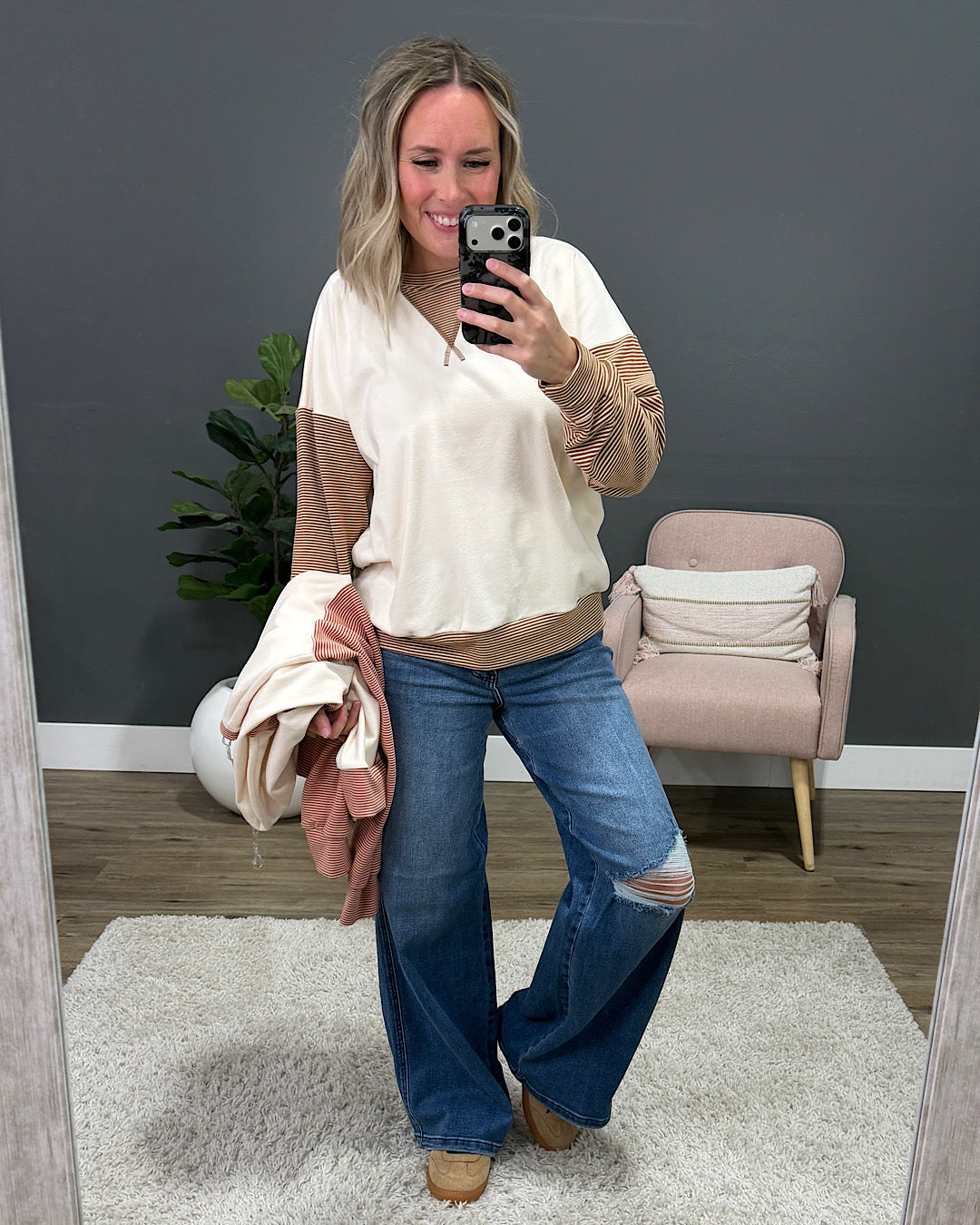 NEW! Danielle Striped Sleeve Brushed Top - Camel