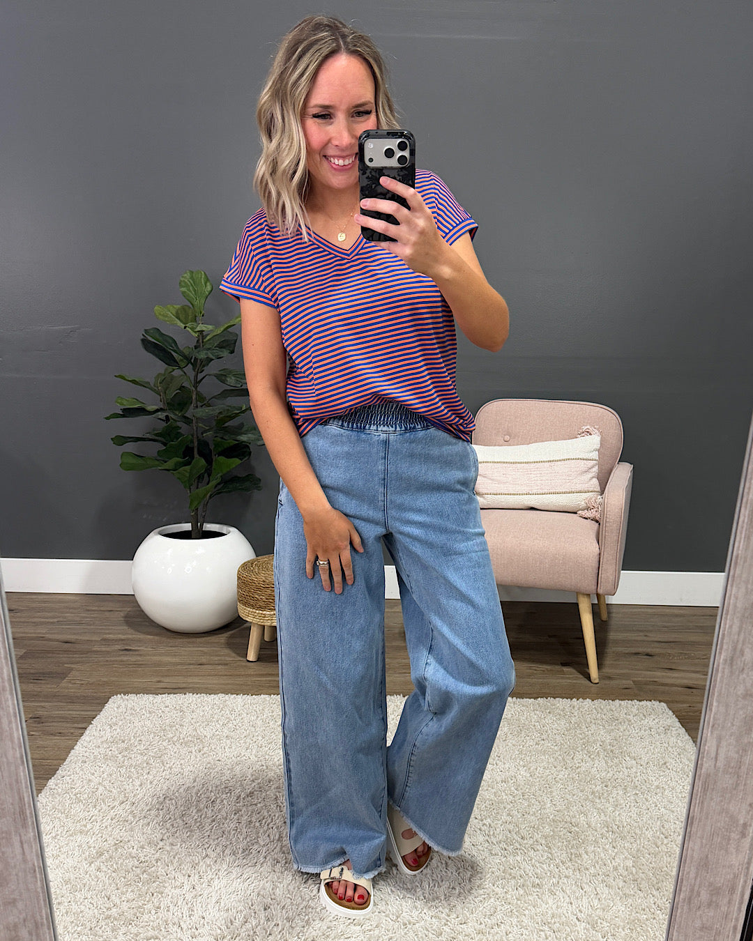 Nadia Striped V Neck Top - Orange & Royal Staccato