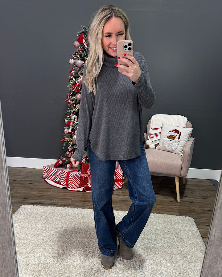DOORBUSTER! Ribbed Turtleneck Top - Charcoal Sew In Love