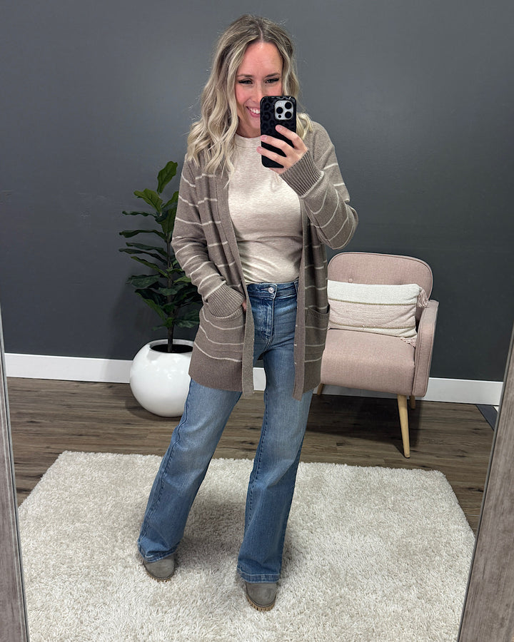Debbie Striped Open Front Cardigan - Mocha Be Cool