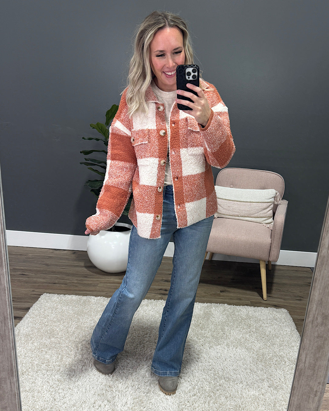 Fall Dreams Plaid Blanket Shacket - Rust Staccato