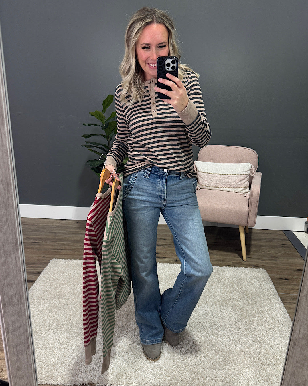 Claudia Striped Henley Top - Sage Staccato