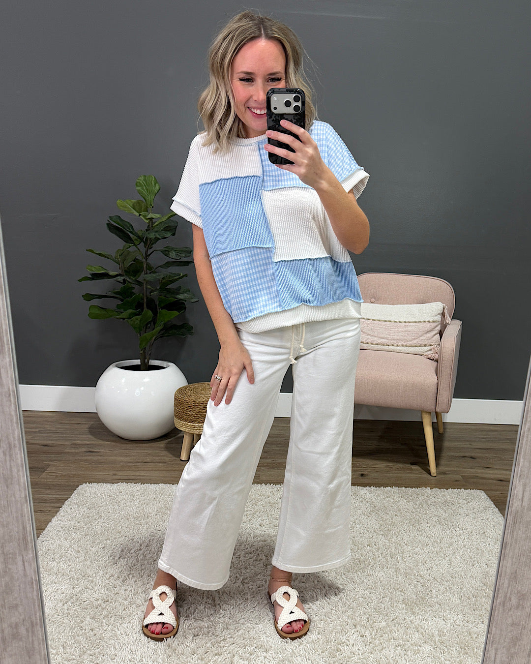 Harmony Gingham Color Block Corded Top - Light Blue Lovely Melody
