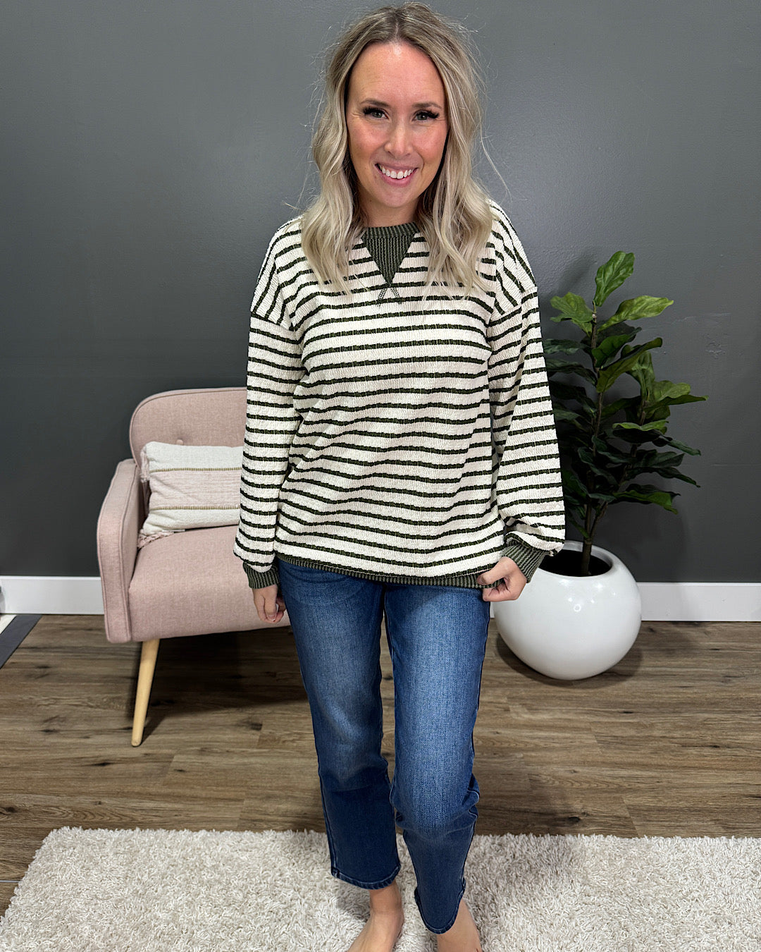 Laurel Striped Textured Knit Top - Olive Heimish