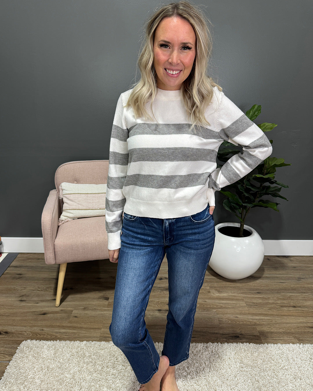 Gloria Striped Sweater - Ivory & Heather Gray Be Cool