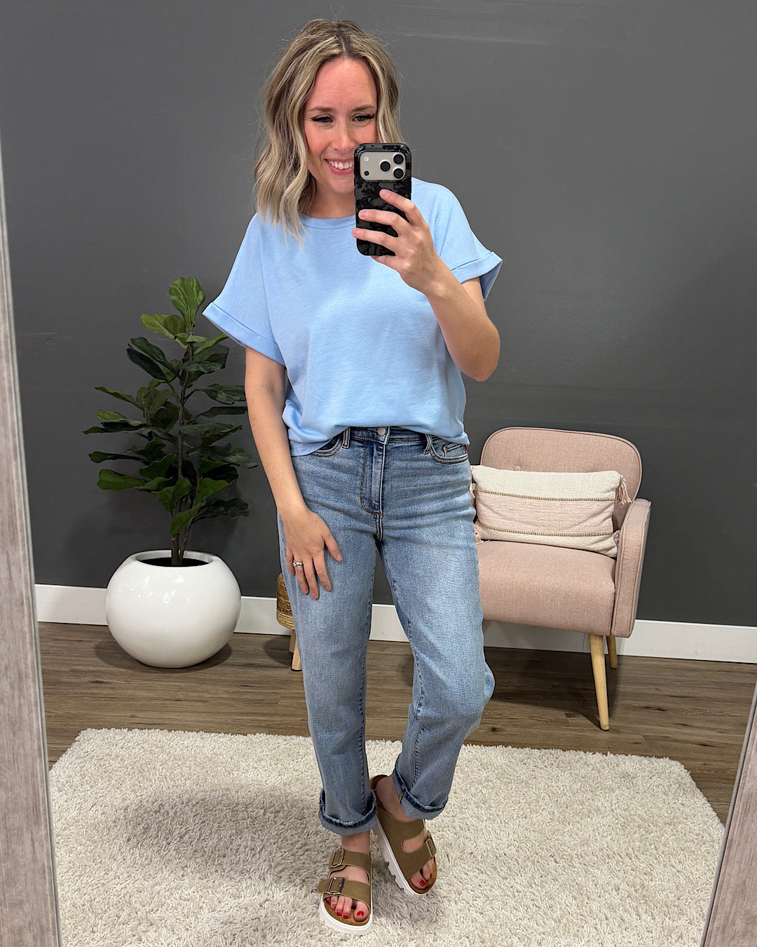 NEW! Melissa Roll Sleeve Top - Sky Blue Staccato