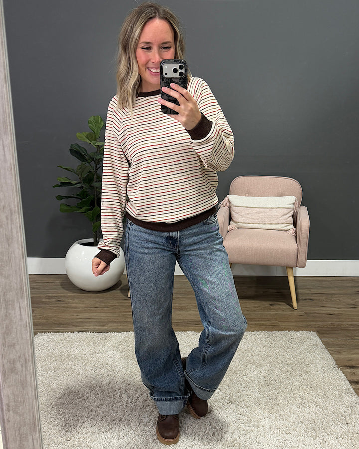 NEW! Kira Striped Raglan Waffle Top - Brown