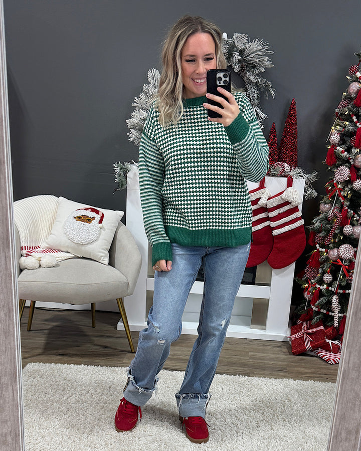 NEW! Home for the Holidays Contrast Pattern Sweater - Green Staccato