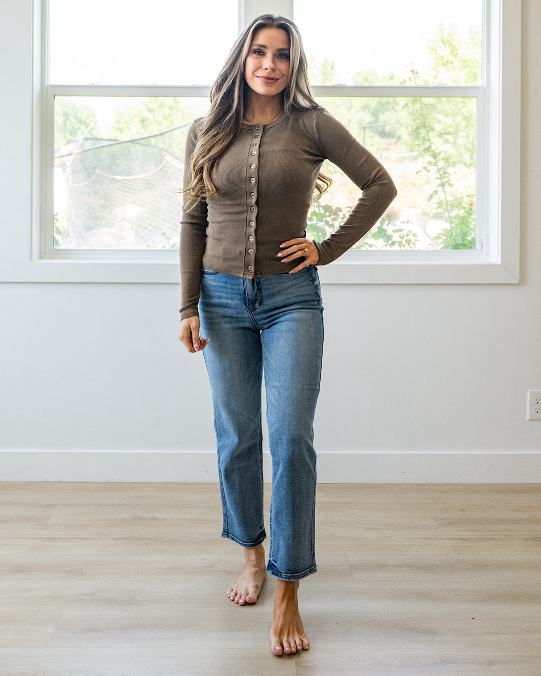 NEW! Cecilia Micro Ribbed Button Up Top - Brown