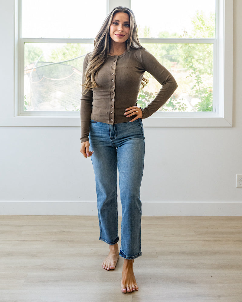 NEW! Cecilia Micro Ribbed Button Up Top - Brown