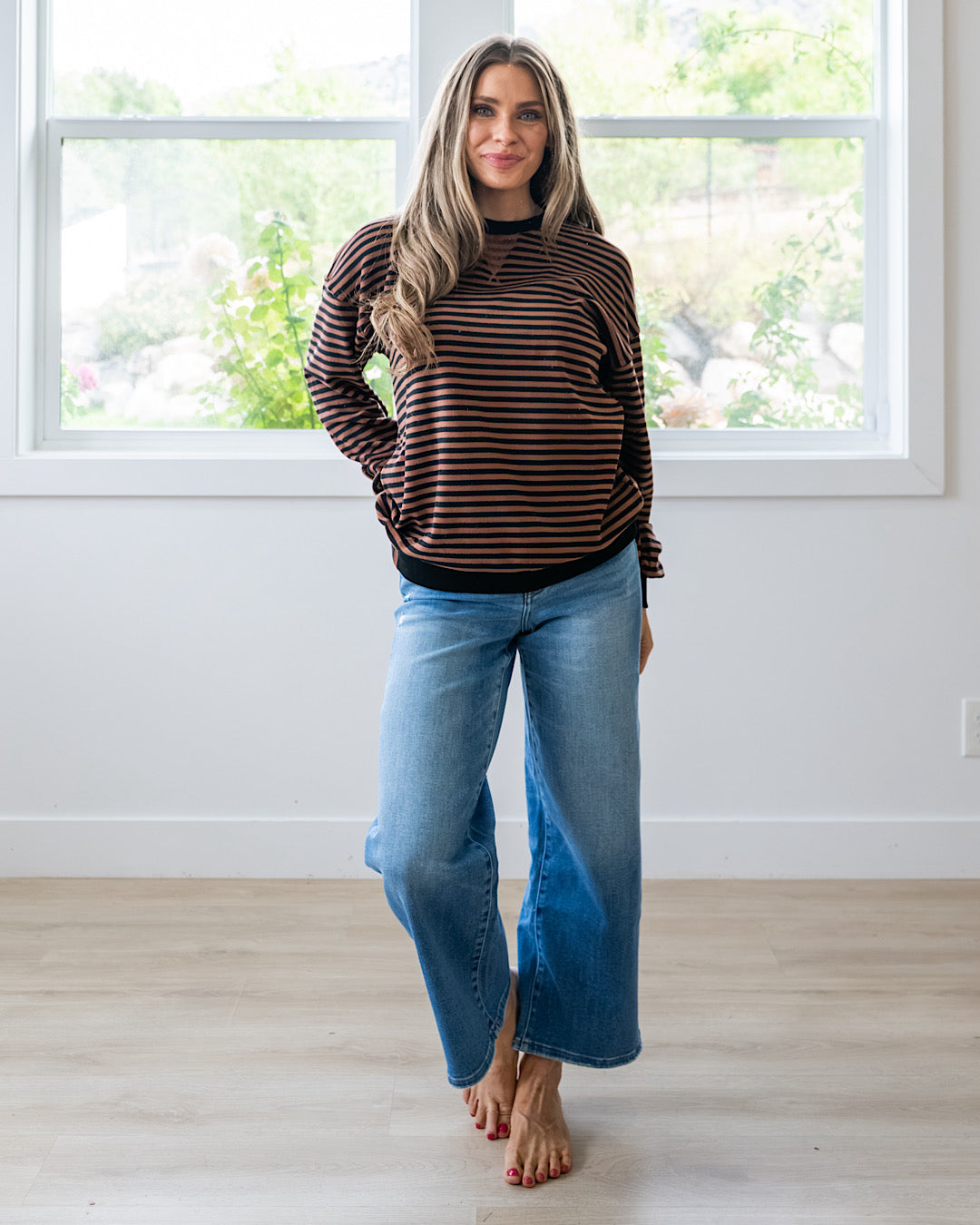 NEW! Ampersand Ave Performance Fleece University Pullover - Chai Stripe