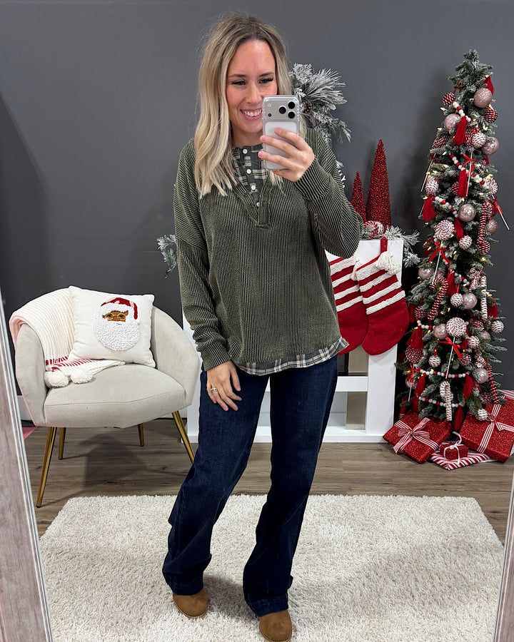 NEW! Gwen Corded Top with Plaid Accents - Olive 7th Ray