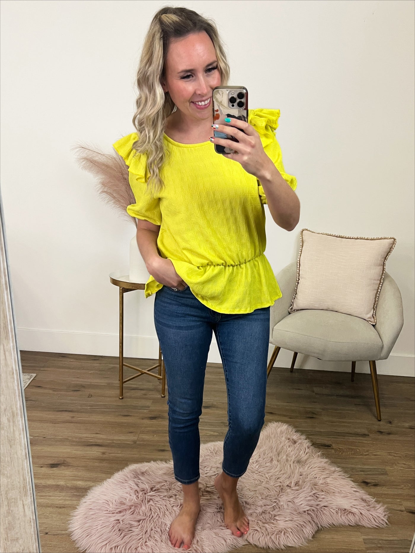 All I Know Ruffle Shoulder Peplum Blouse - Chartreuse FINAL SALE  Lovely Melody   