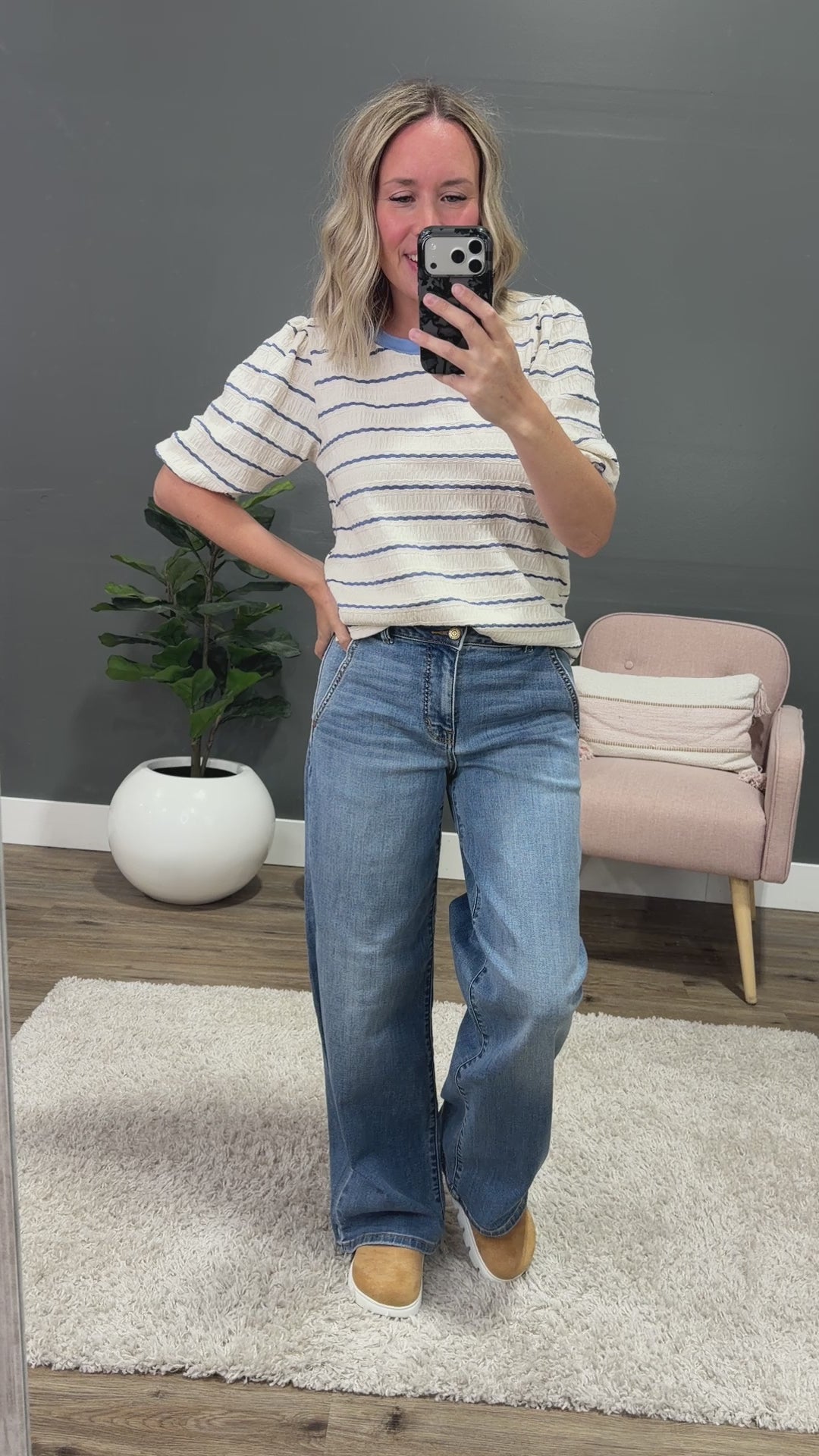 NEW! Alexa Textured Striped Puff Sleeve Top - Ivory & Denim