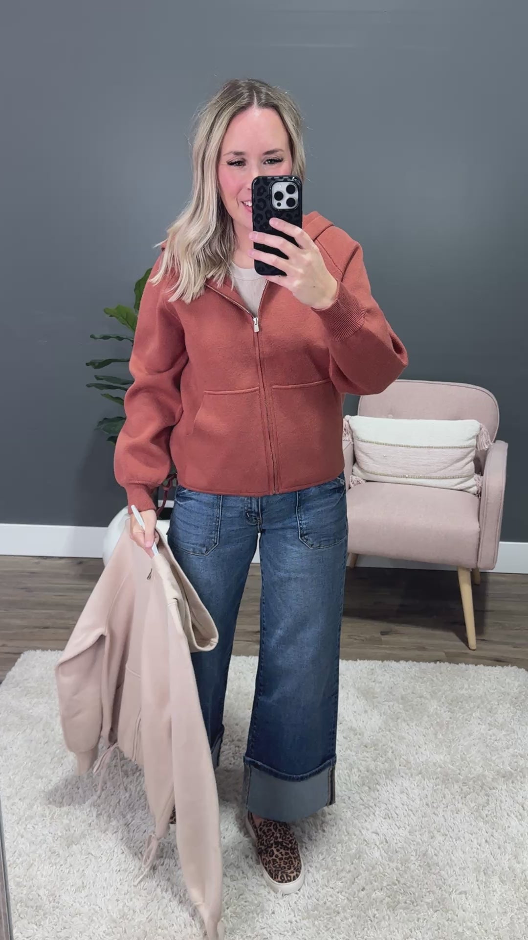 Brynn Drawstring Hem Zip Up Sweater Hoodie - Copper Staccato