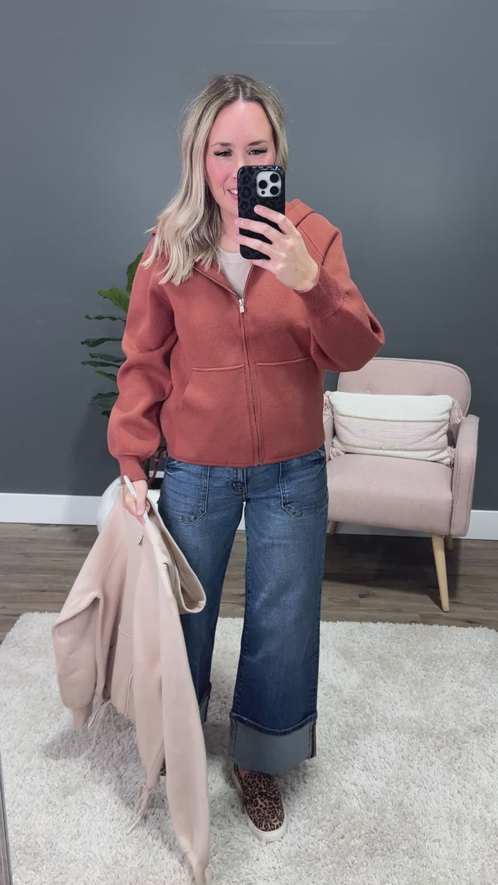 Brynn Drawstring Hem Zip Up Sweater Hoodie - Copper Staccato