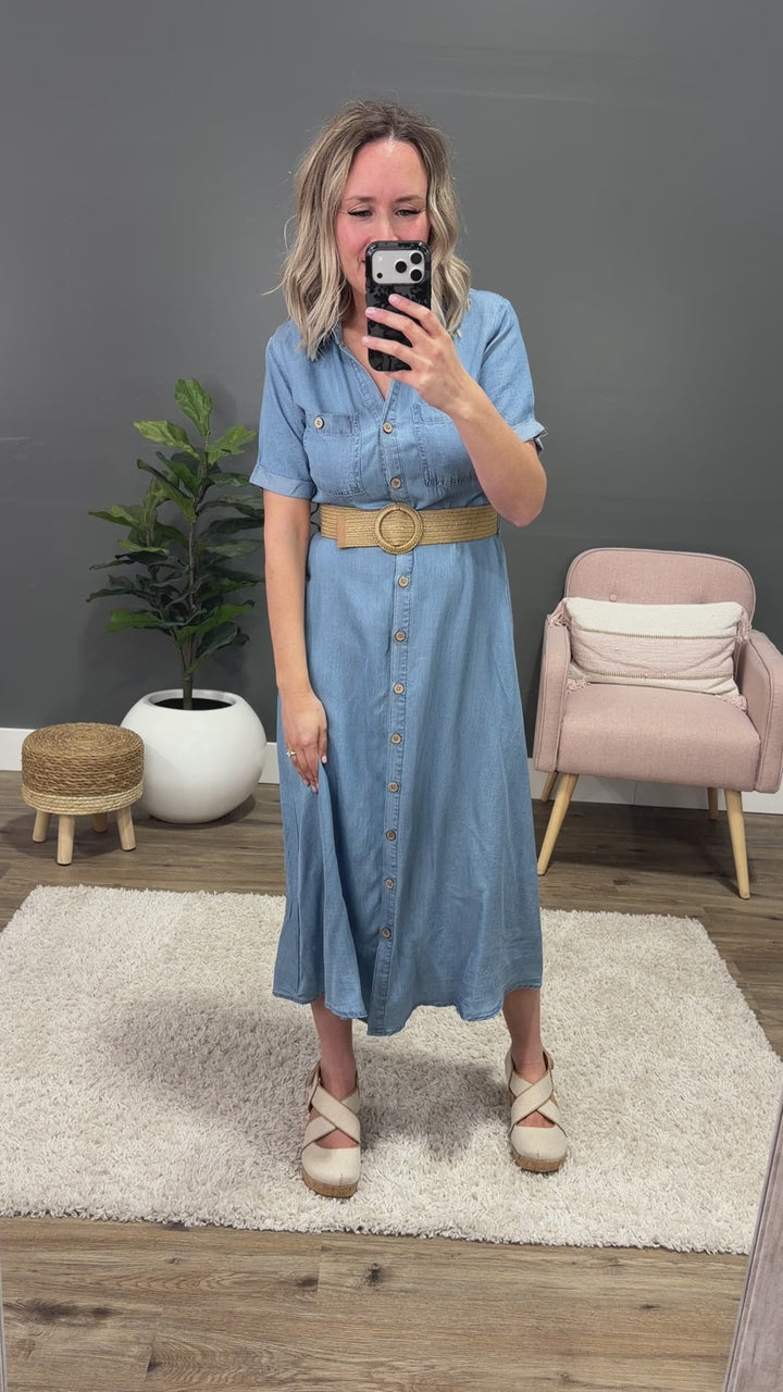 Este Belted Midi Dress - Chambray Mine