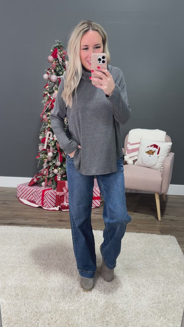 DOORBUSTER! Ribbed Turtleneck Top - Charcoal Sew In Love