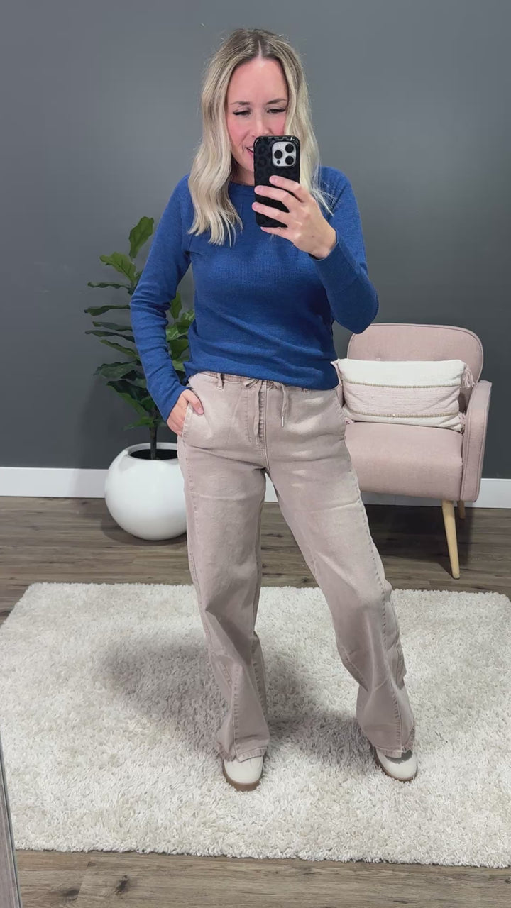 KanCan Heidi Elastic Waist Wide Leg Jeans - Taupe KanCan