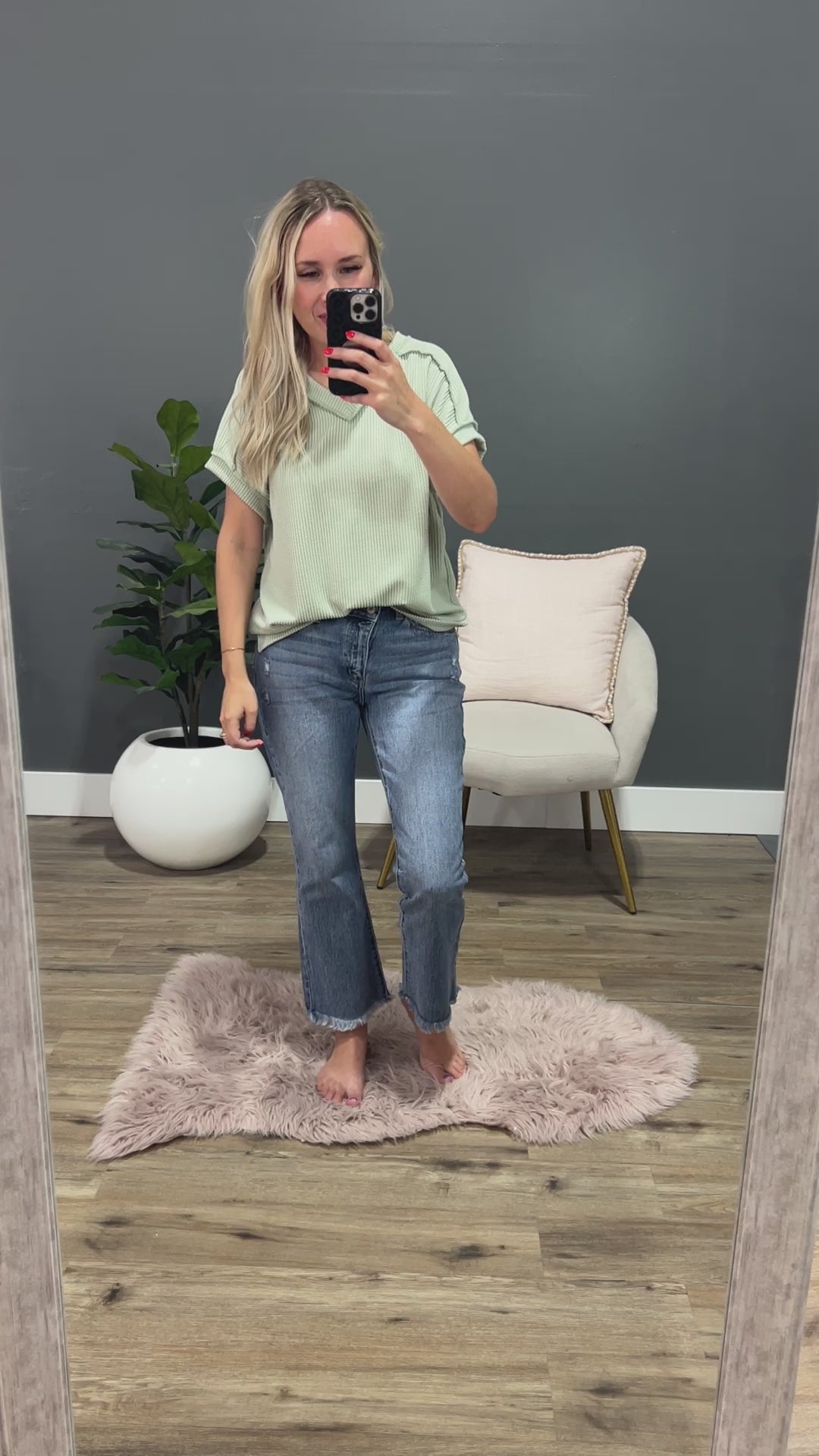 Mandy Corded V Neck Top - Sage