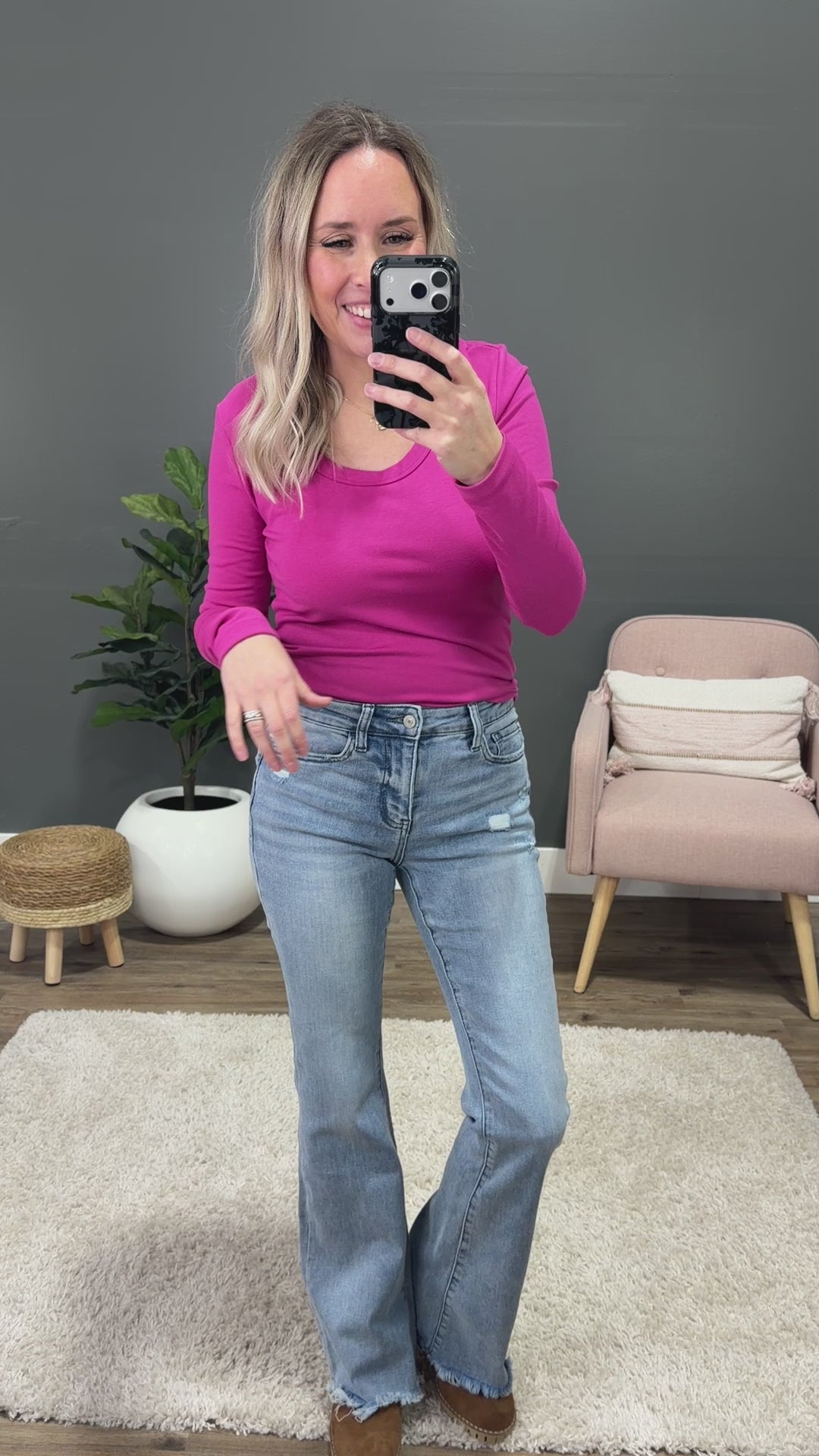 NEW! Jess Long Sleeve Knit Scoop Neck Top - Fuchsia Be Cool