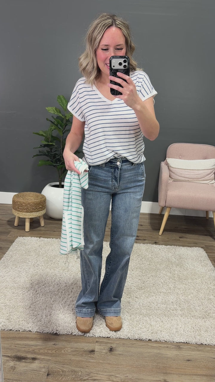 Candice Striped V Neck Sweater Top - Ivory & Navy Staccato