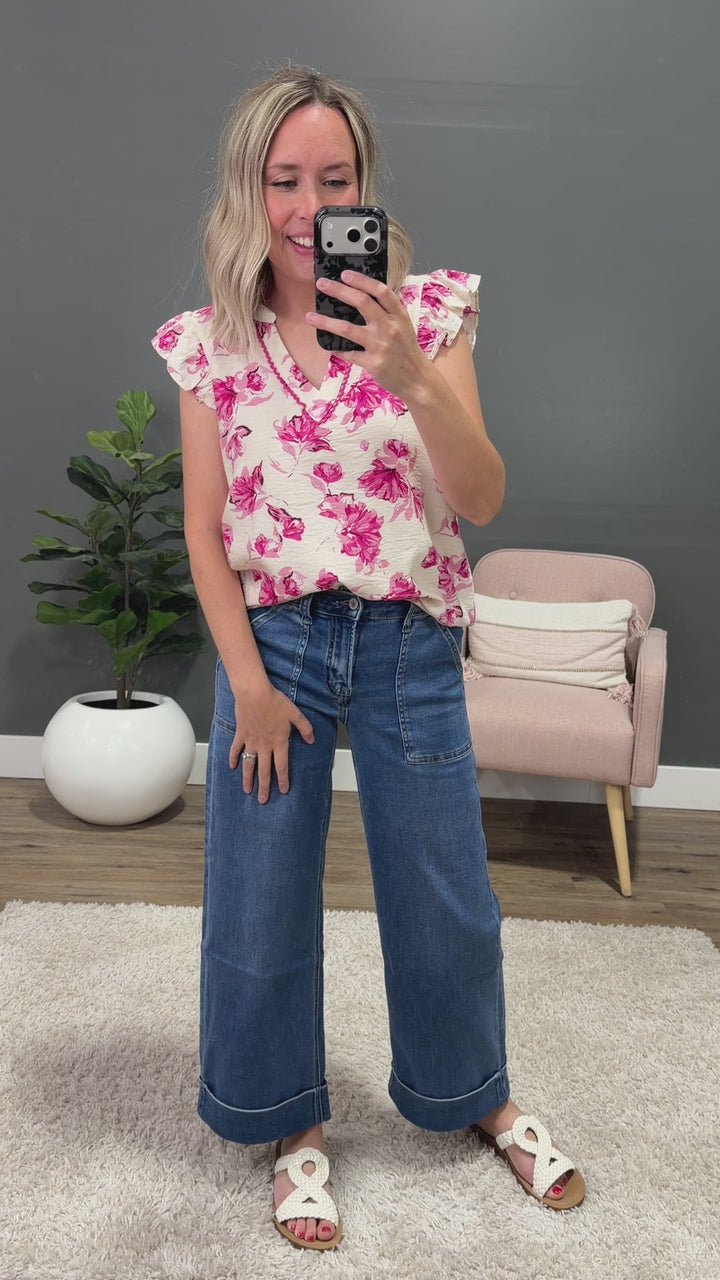 NEW! Marcie Floral Flutter Sleeve Top - Fuchsia