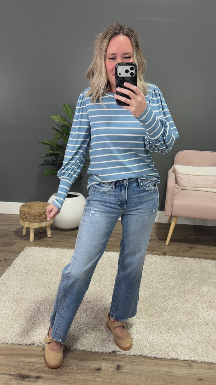 NEW! April Striped Bubble Sleeve Top - Blue Lovely Melody