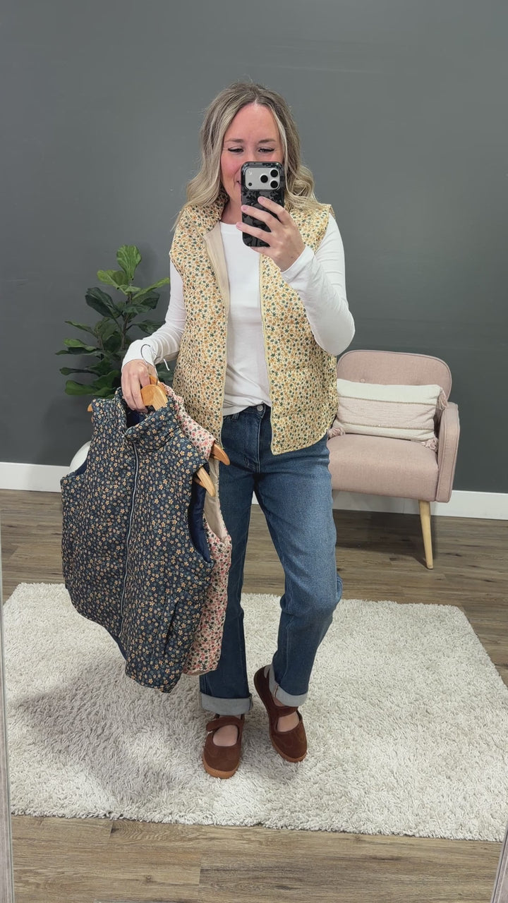 NEW! Juliana Floral Print Corduroy Vest - Cream & Gold Staccato