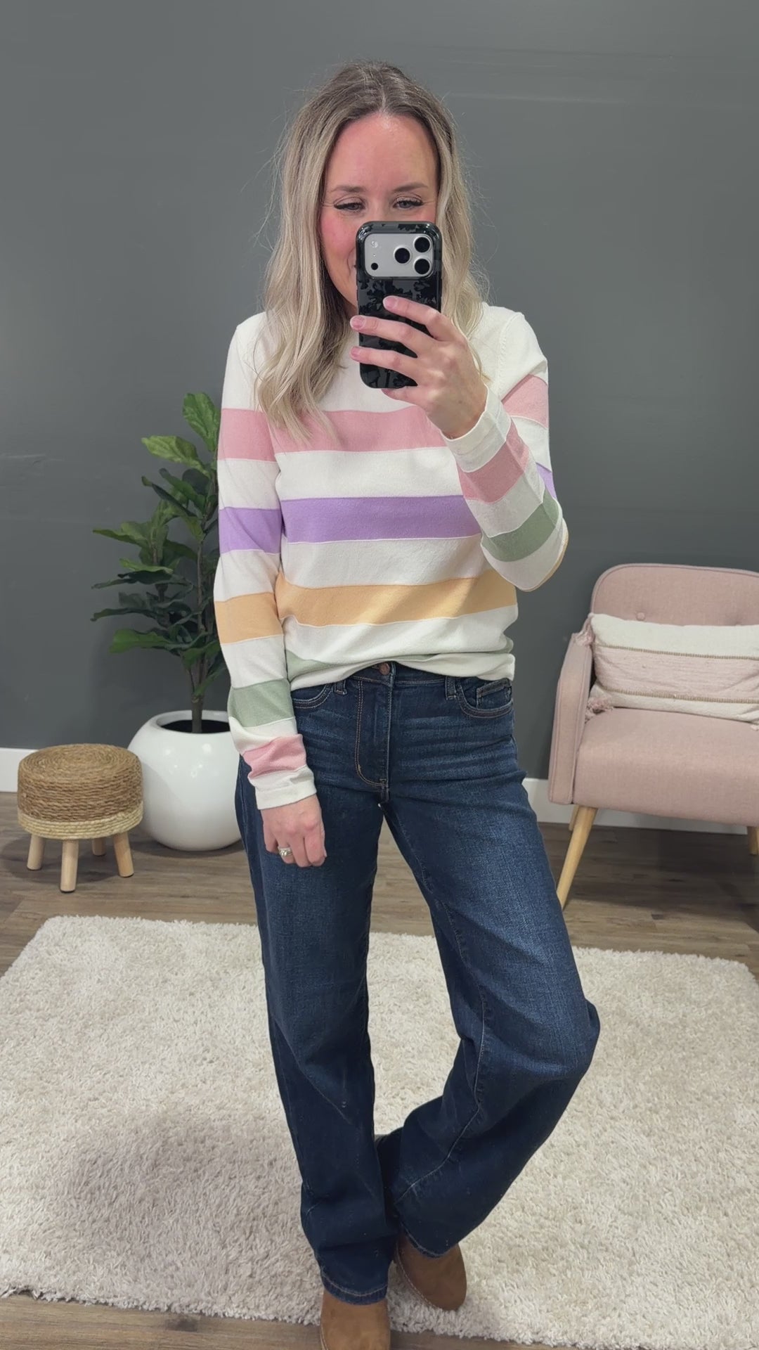NEW! Kelsey Multi Color Striped Fine Knit Sweater - Pink & Lavender Staccato