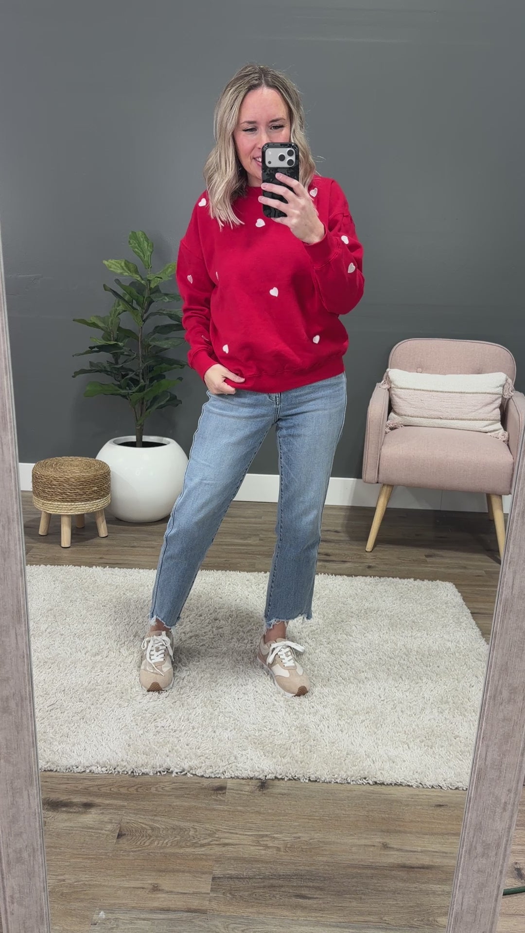 NEW! Heart Embroidered Fleece Crewneck Sweatshirt - Red Reflex