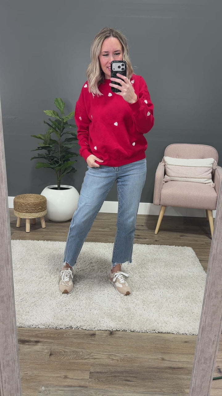 NEW! Heart Embroidered Fleece Crewneck Sweatshirt - Red Reflex
