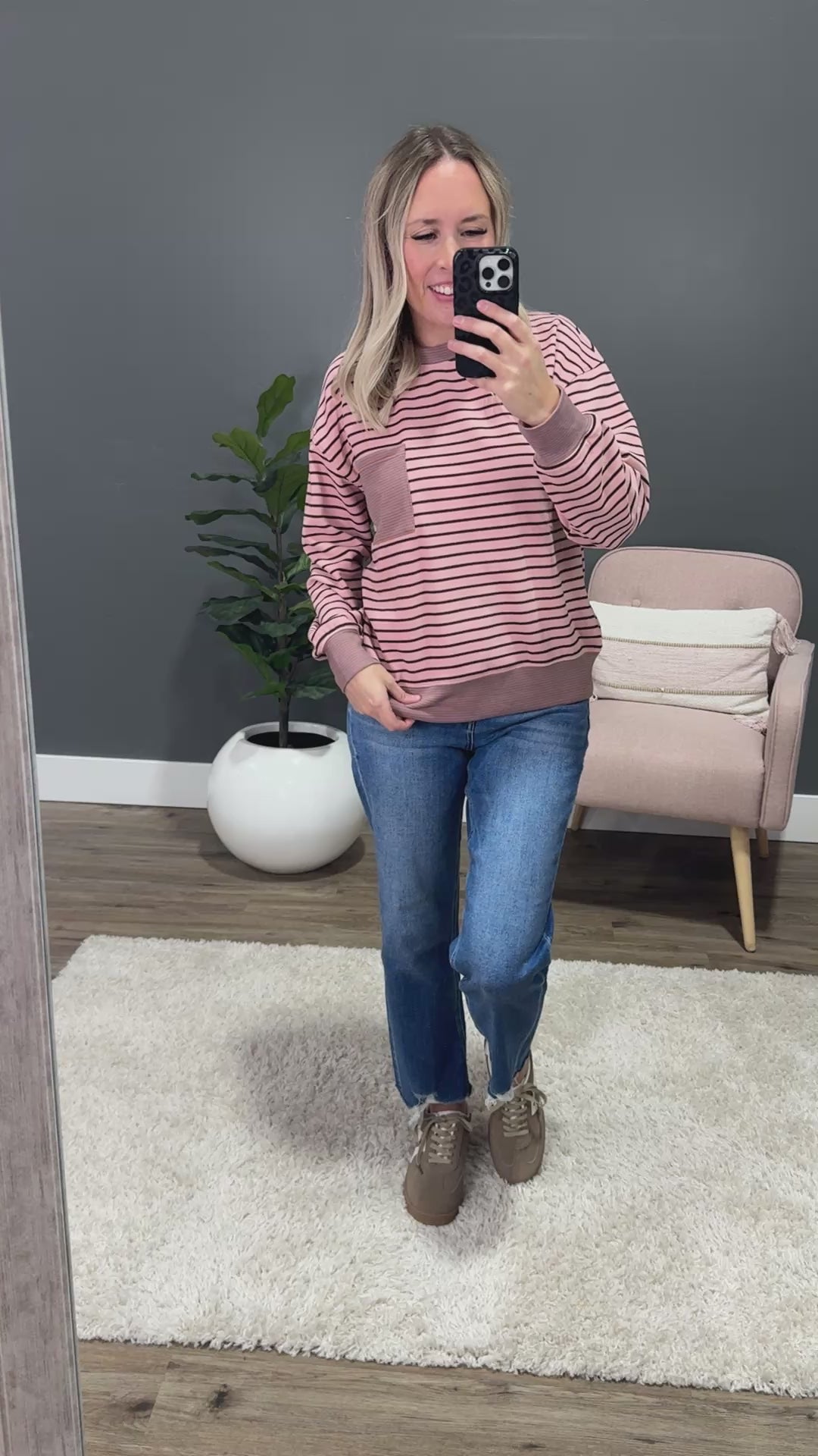 Trina Brushed Contrast Striped Pocket Top - Pink Staccato