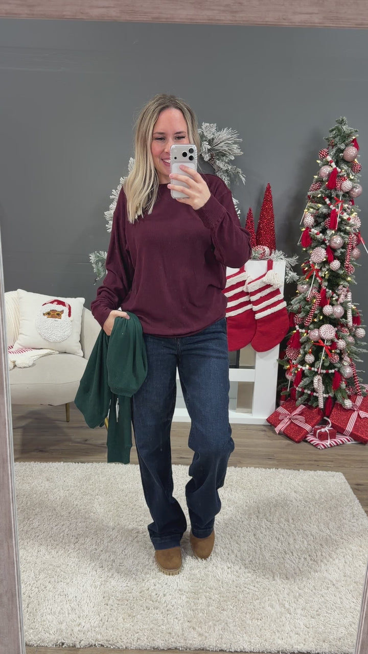 NEW! Mia Ribbed Crewneck Top - Burgundy Michelle Mae