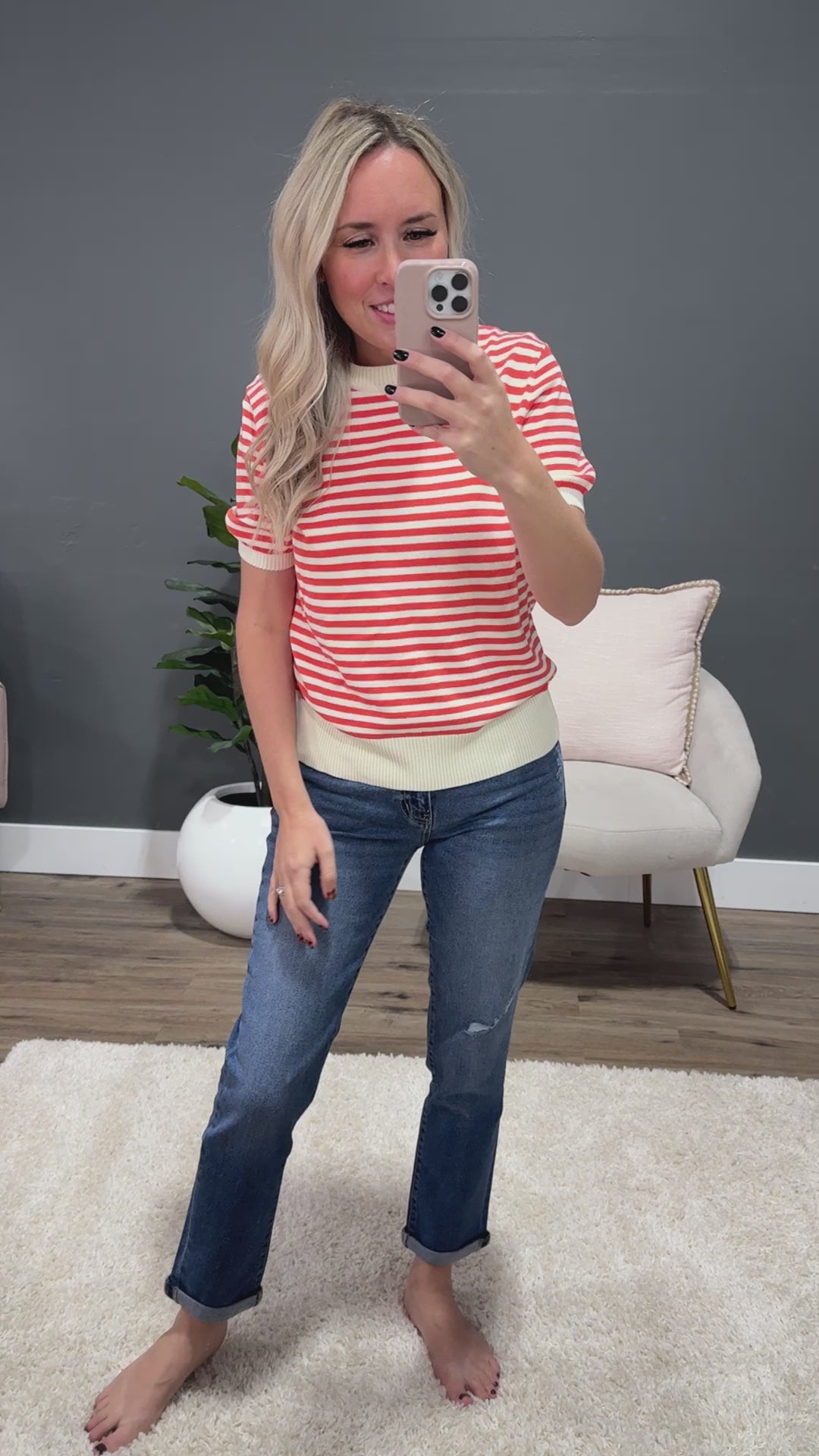 Jillian Striped Short Sleeve Sweater - Pumpkin & Cream