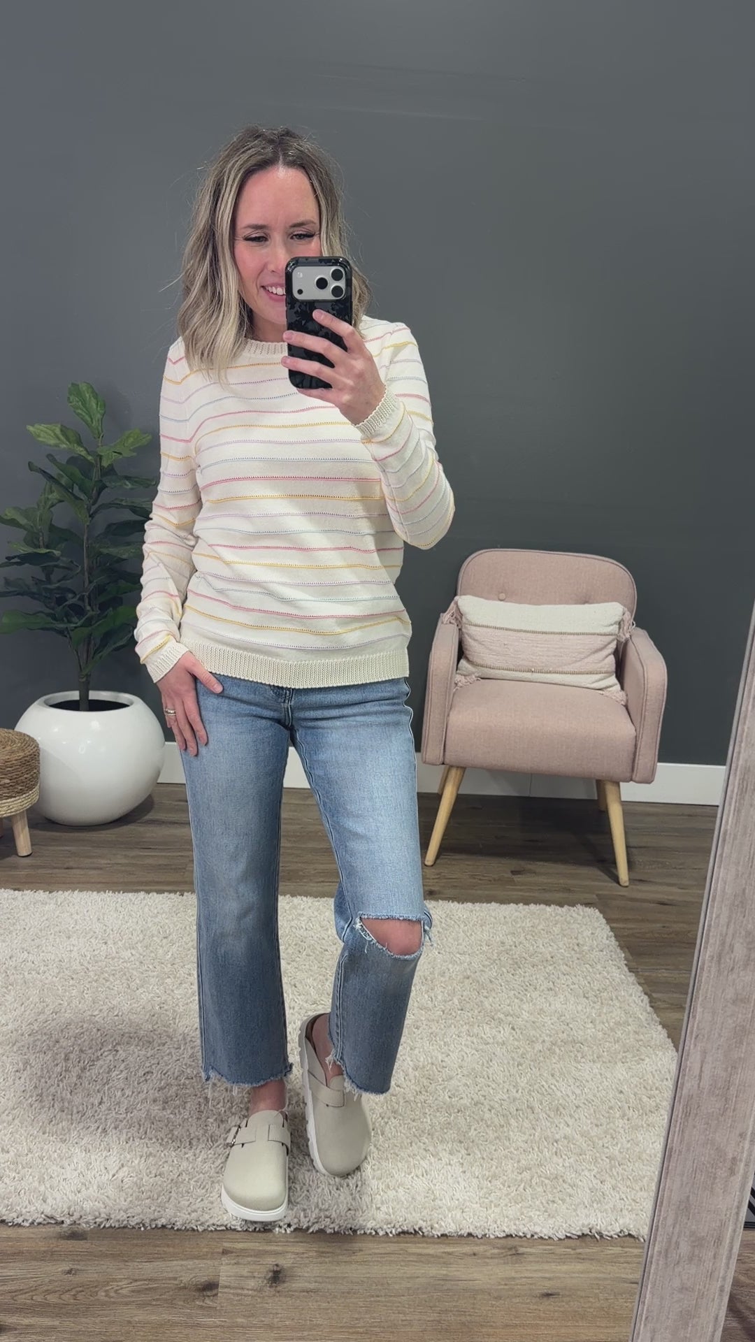 Angelica Pointelle Stripe Sweater - Cream Staccato
