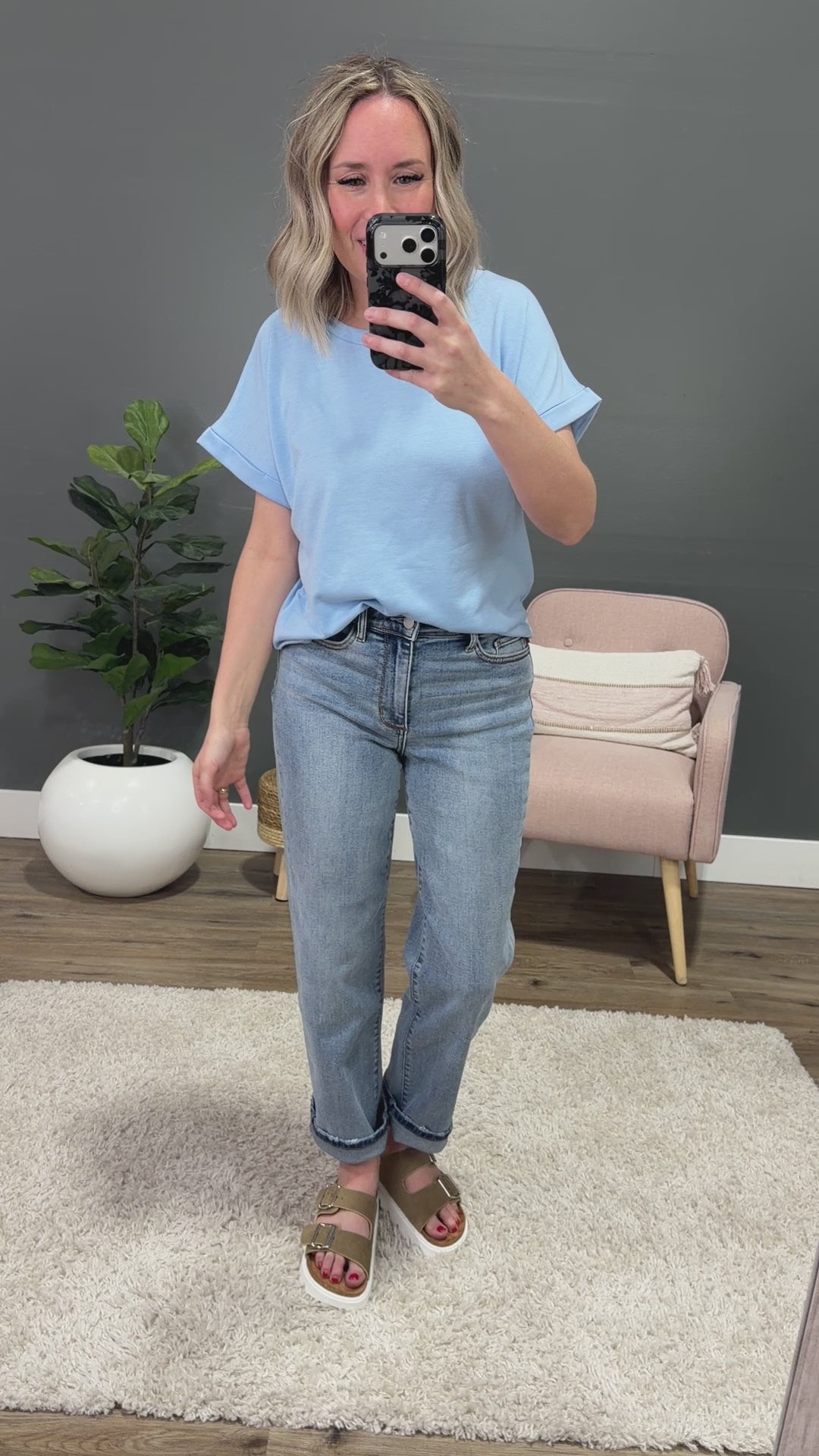 NEW! Melissa Roll Sleeve Top - Sky Blue Staccato