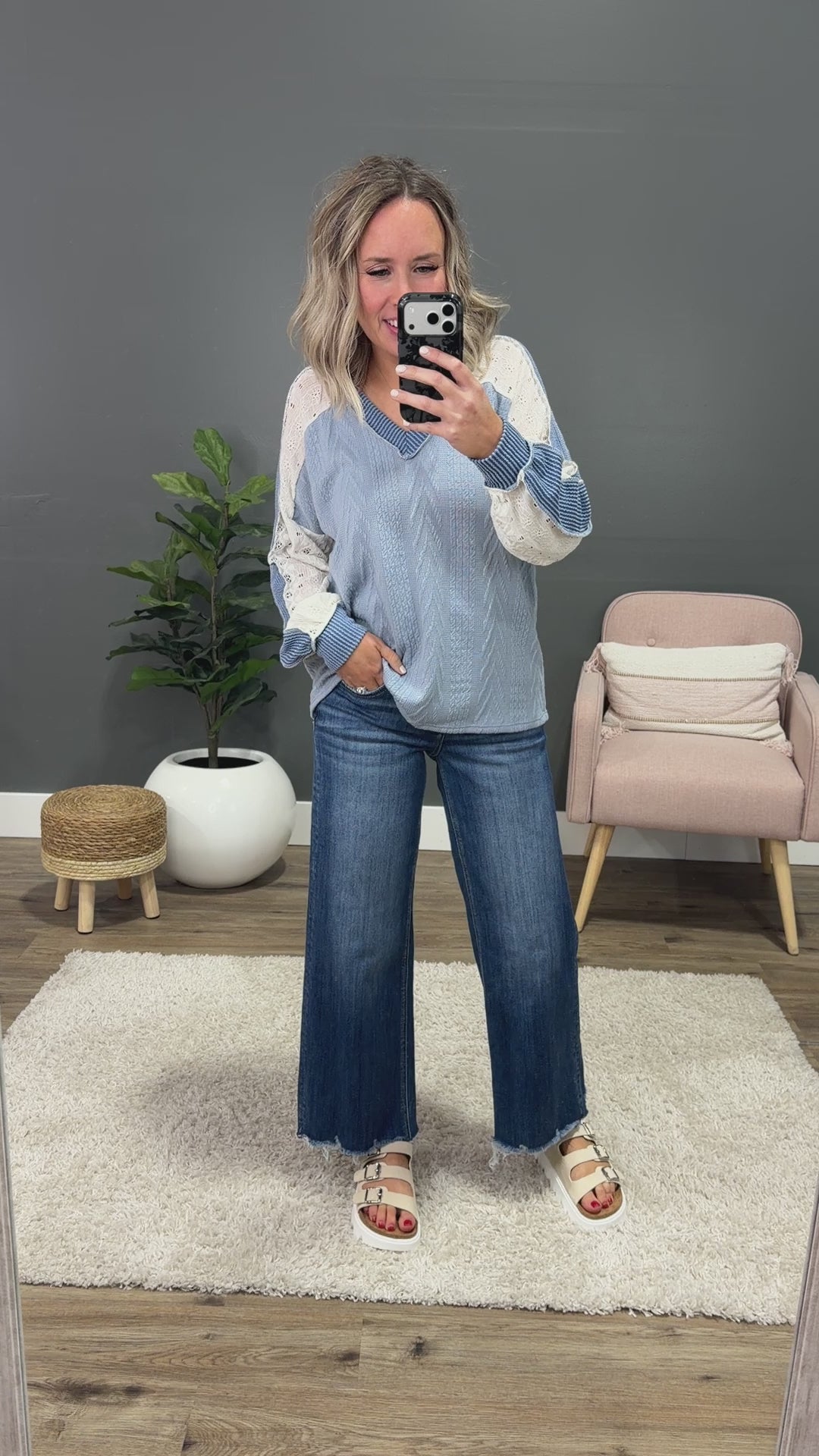 NEW! Angelique Mixed Fabric V Neck Top - Blue Lovely Melody