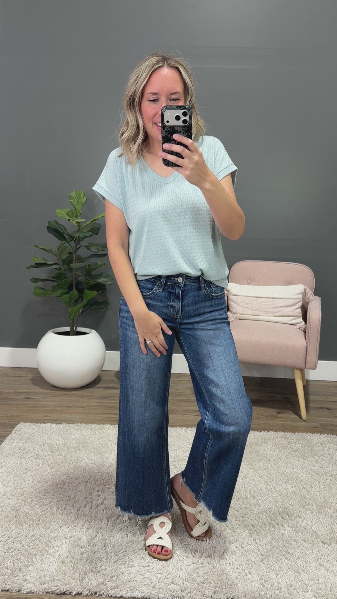 NEW! Winnie Pointelle V Neck Top - Light Aqua