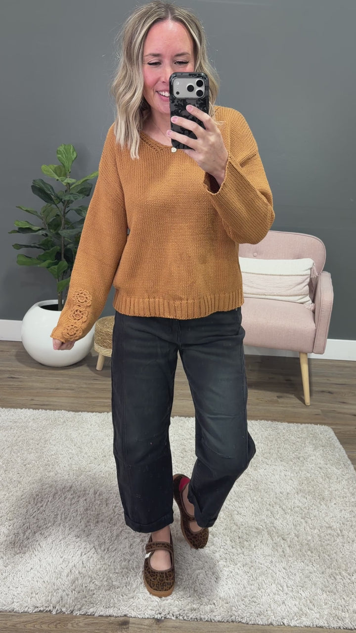 NEW! Ella Crochet Sleeve Sweater - Camel