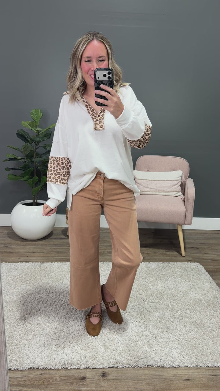 NEW! Jana Leopard Color Block Collared Top - Ivory