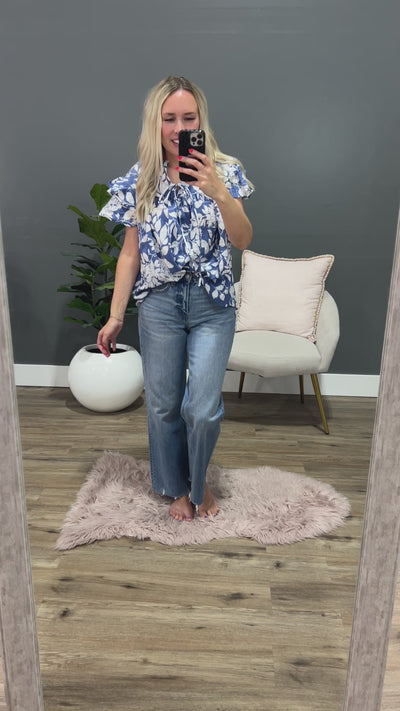 Marcie Blue Floral Ruffle Sleeve Top FINAL SALE