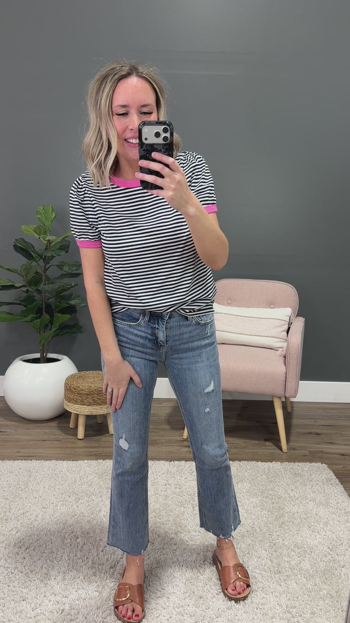 Mandy Puff Sleeve Striped Top - Navy & Pink Staccato