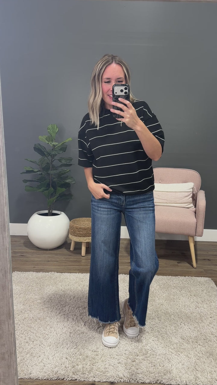 NEW! Macey Scuba Fabric Striped Top - Black & Cream