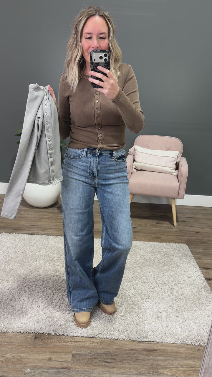 NEW! Cecilia Micro Ribbed Button Up Top - Brown