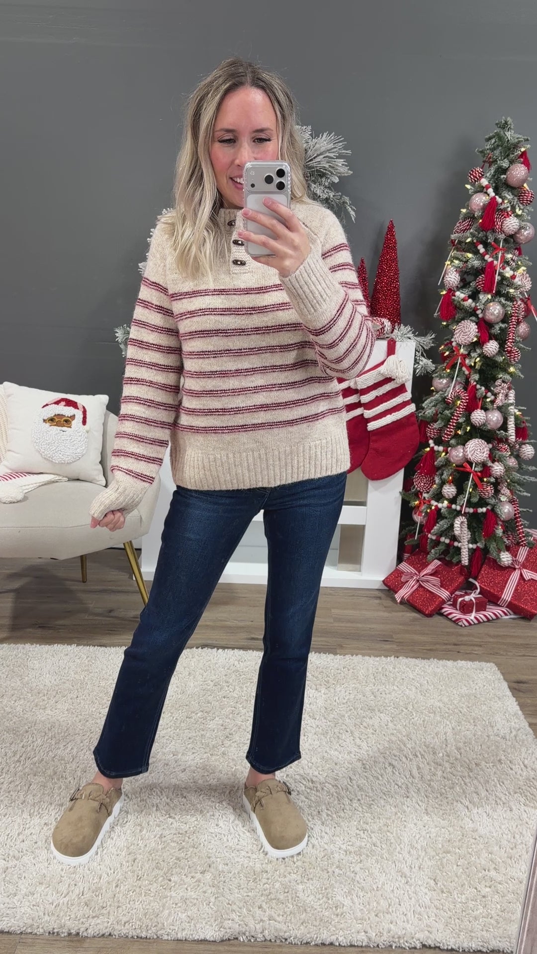 NEW! Fireside Striped Henley Sweater - Oatmeal & Red Staccato