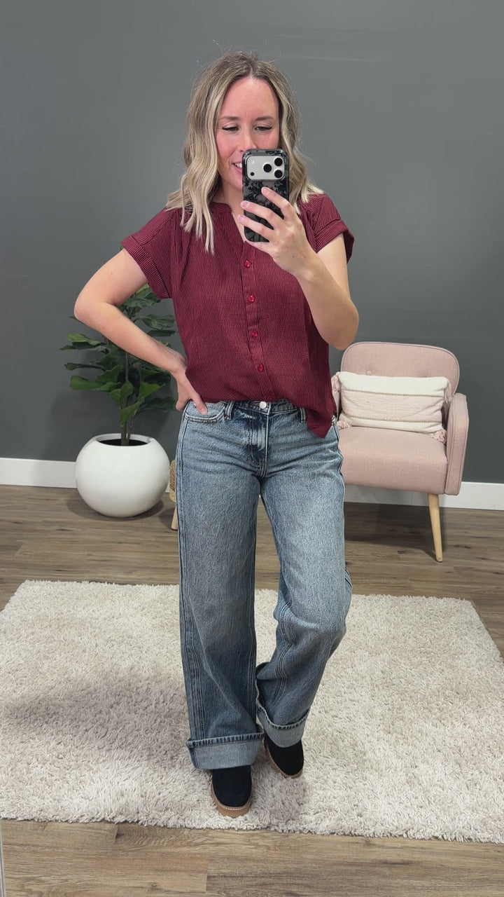 NEW! Denise Rolled Cuff Button Up Top - Burgundy