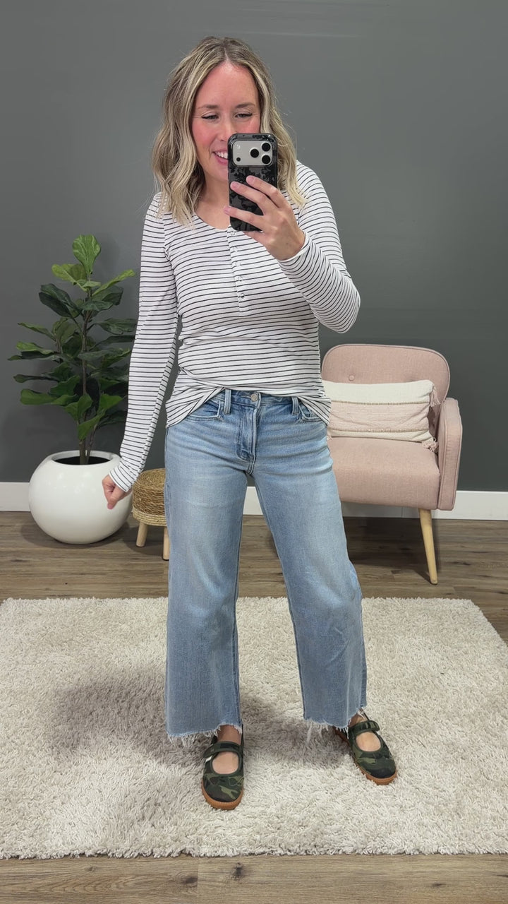 NEW! Dawn Striped Henley Long Sleeve Top - White Michelle Mae