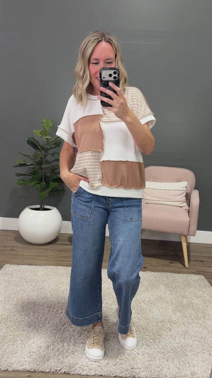 NEW! Harmony Gingham Color Block Corded Top - Taupe
